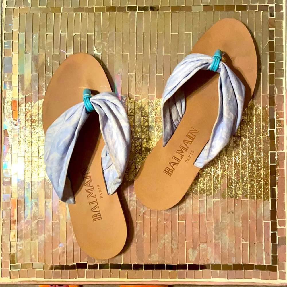 Balmain blue leather & textile thong flip flop sandals